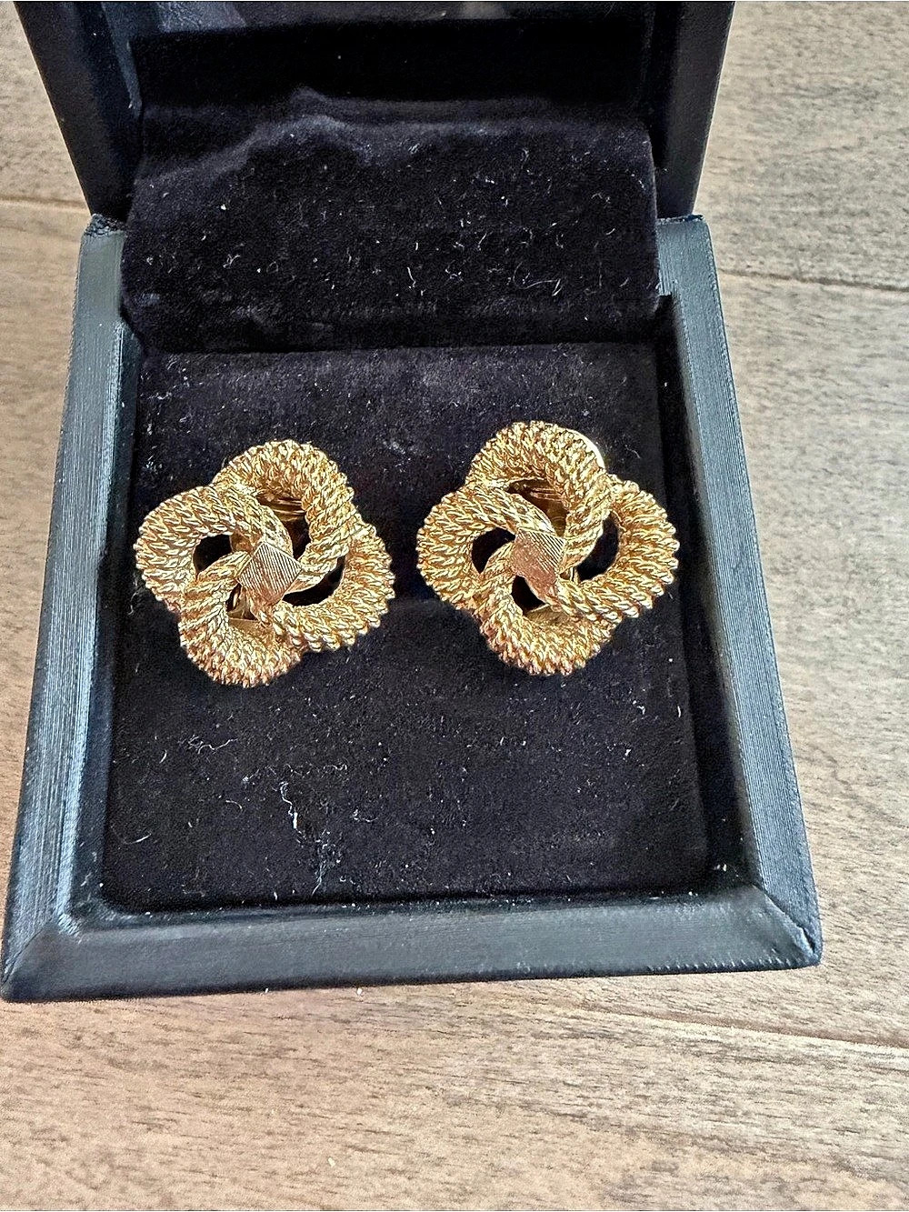 Vintage Monet Gold Tone Rope Knot Clip-On Earrings, Textured Twisted Love Knot D